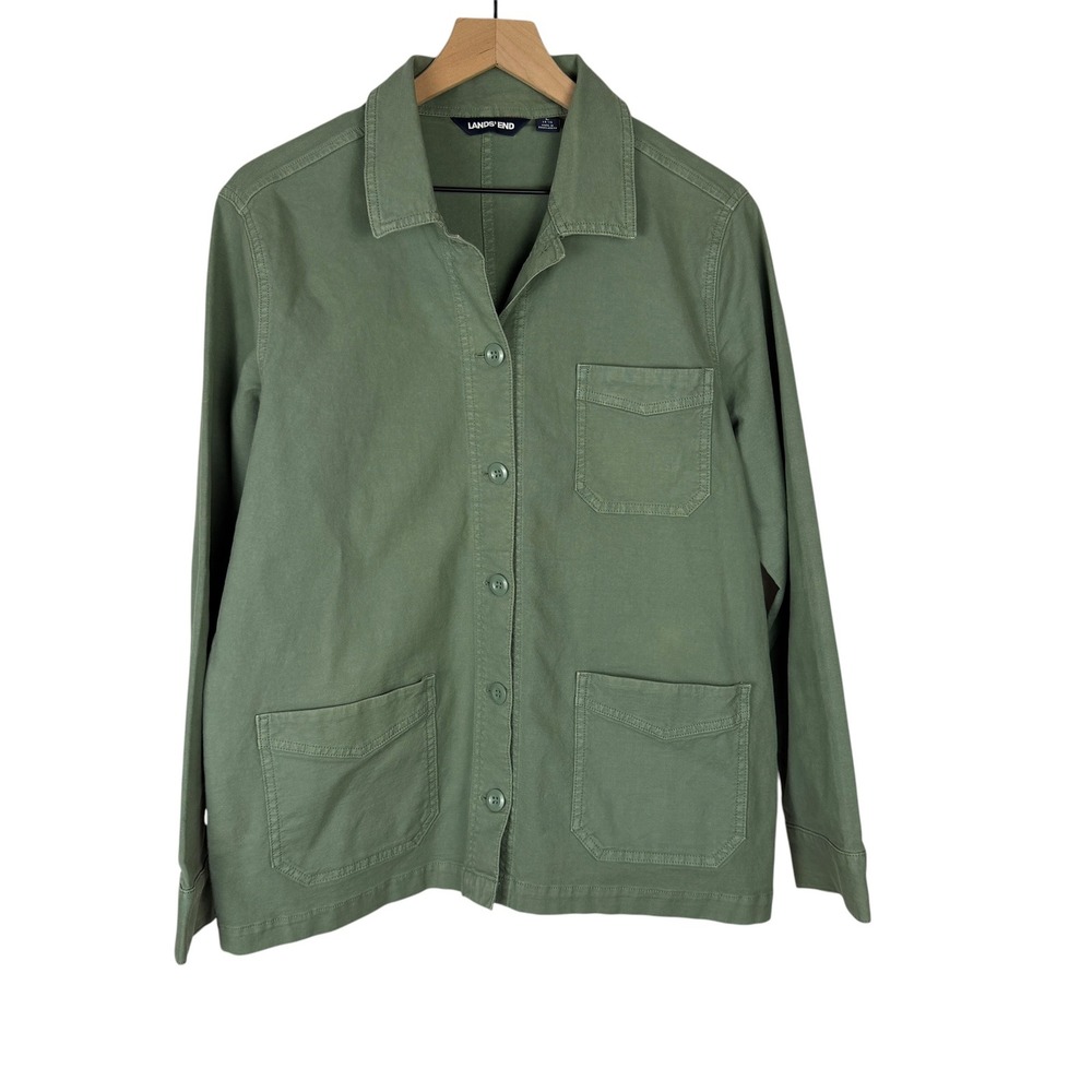 Lands End Chore Jacket Women L 14-16 Green Cotton Utility Barn Coat Shacket